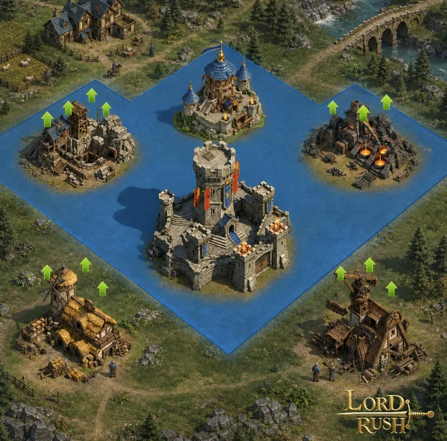 Lordrush town with the castle at the centre and upgradeable production buildings around it